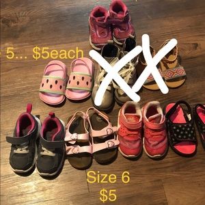 Different pairs of shoes, prices on pictures.